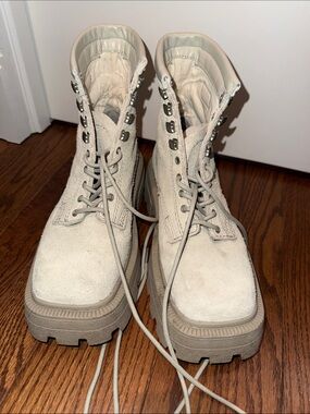 Eytys Chunky Suede Lace-Up Combat Boots in Light Beige